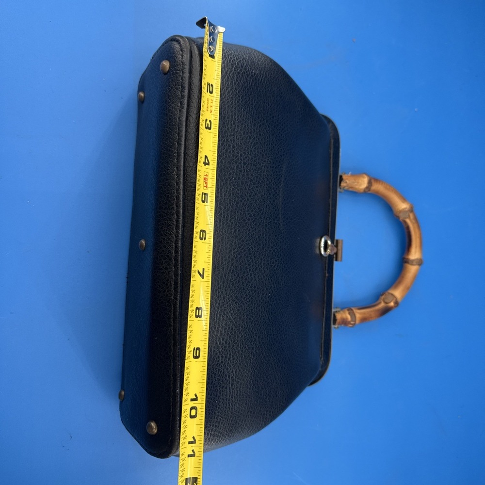 VTG 60s Black Pebbled Top Handle Handbag Bamboo Handle Frame Purse Classic - Picture 5 of 10